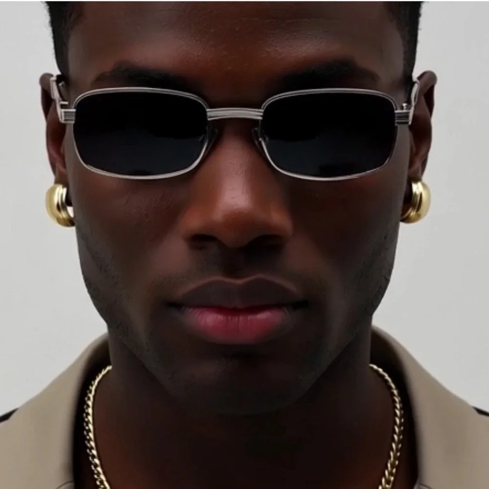 Men's Rectangular Metal Frame Sunglasses Dark Lenses Silver Black Arms Migos New